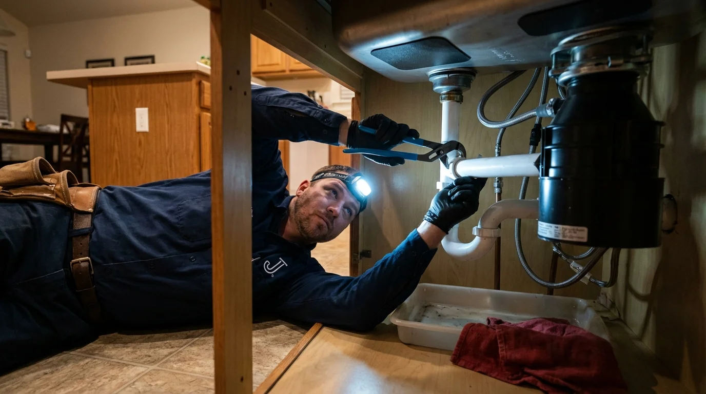 P-trap and supply line connections under a kitchen sink showing a common leak point in Carson, WA